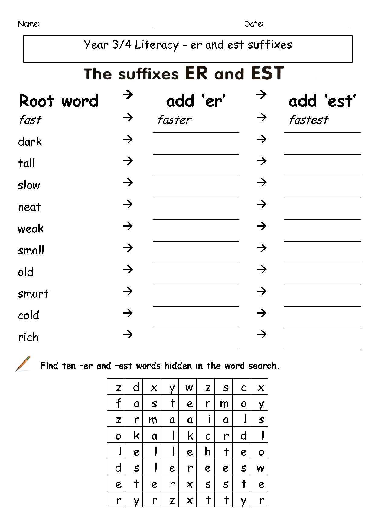 Comparative Endings Er And Est Worksheets