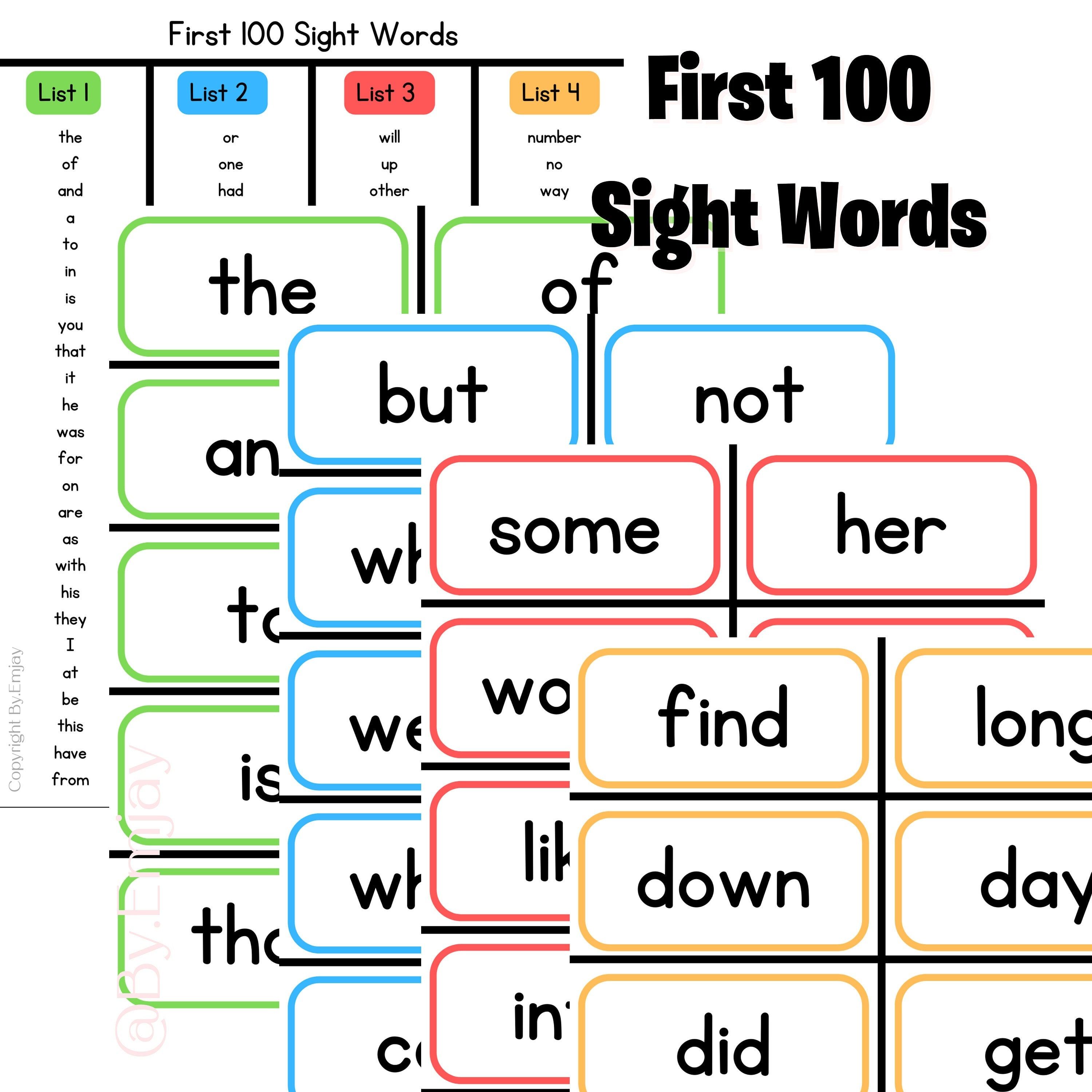 100 Printable Fry's First Hundred Sight Word Flashcards Kindergarten ...