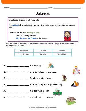 Worksheet | Subjects | Write the subject in the blanks to complete each ...