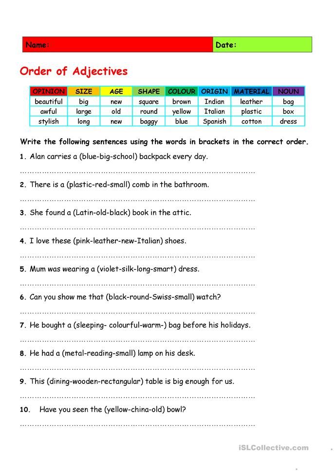 Order Of Adjectives Worksheet, Adjectives Esl, Adjective Words, English ...