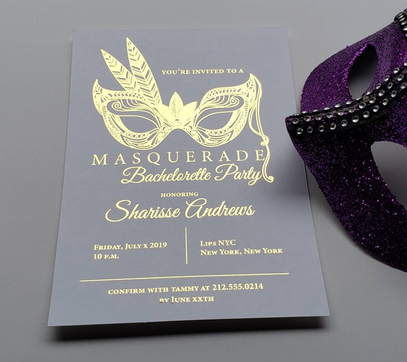 Masquerade Invitation, Masquerade Invite Gray and Gold foil; for any ...