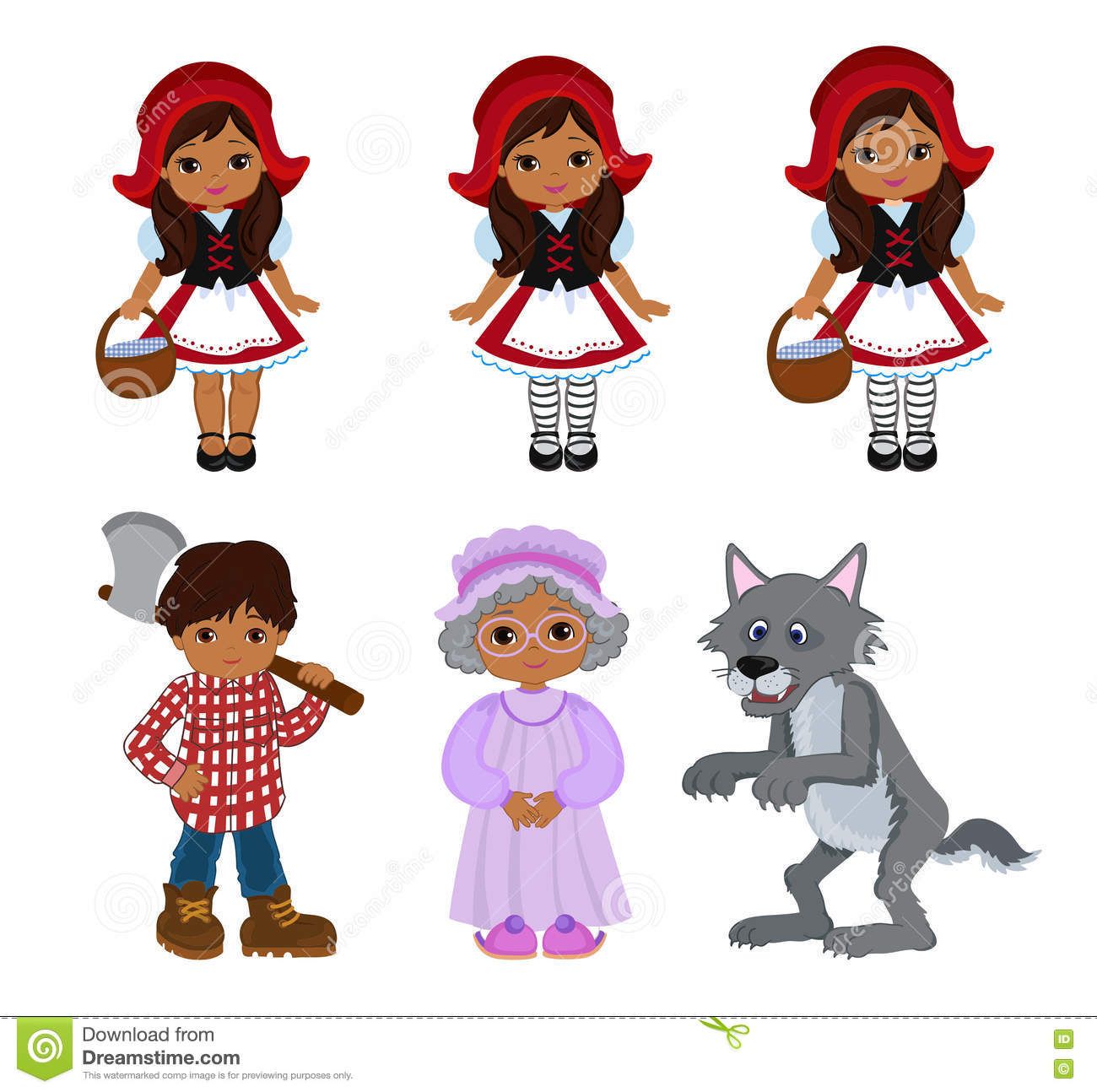 Cartoon Vector Illustrations Set of Little Red Riding Hood Fairy Tale ...