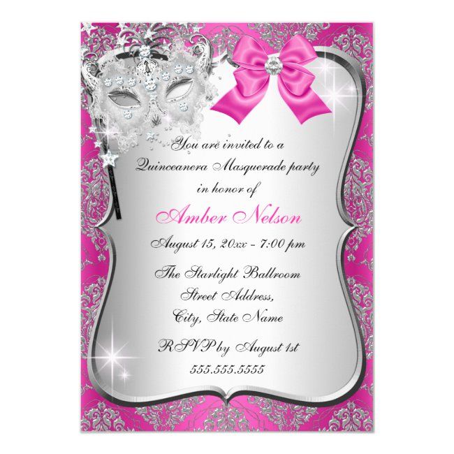 Hot Pink Damask Mask Quinceanera Masquerade Invite | Zazzle