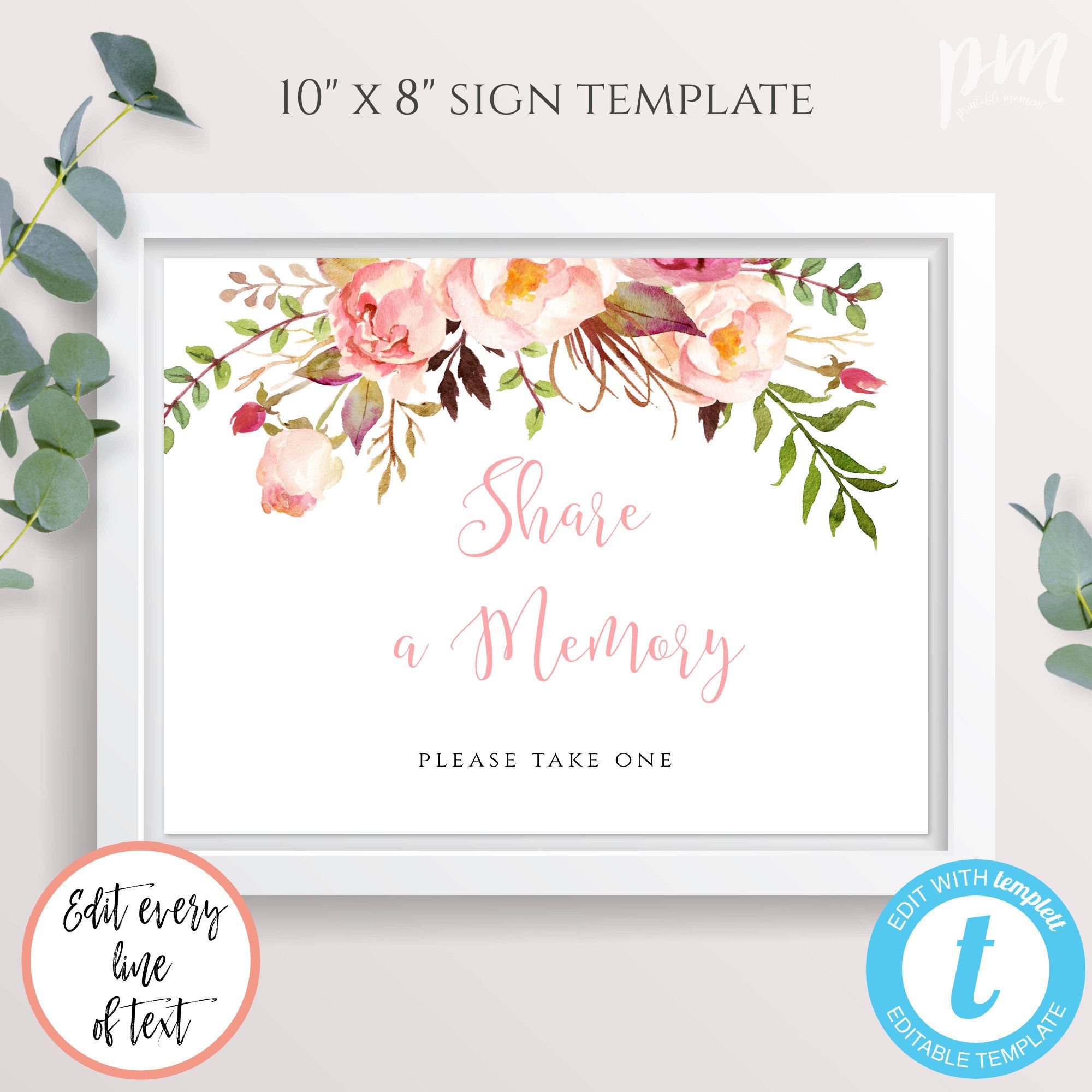 Peach Floral Share a Memory Sign for Funeral, Printable Funeral Sign ...