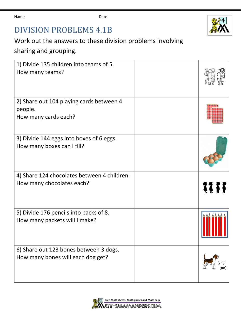 a worksheet for division problems 4 - 1, which shows the following information