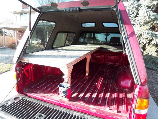 Truck bed sleeping setup with spilt platform. Nicely done. … | Truck ...