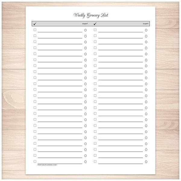 Weekly Grocery List - Clean and Simple Full Page - Printable | Weekly ...