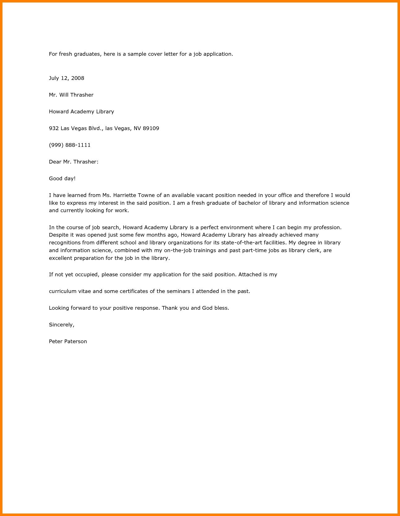 Resume Letter Fresh Graduate Cover Job Application Cool Any Vacant ...