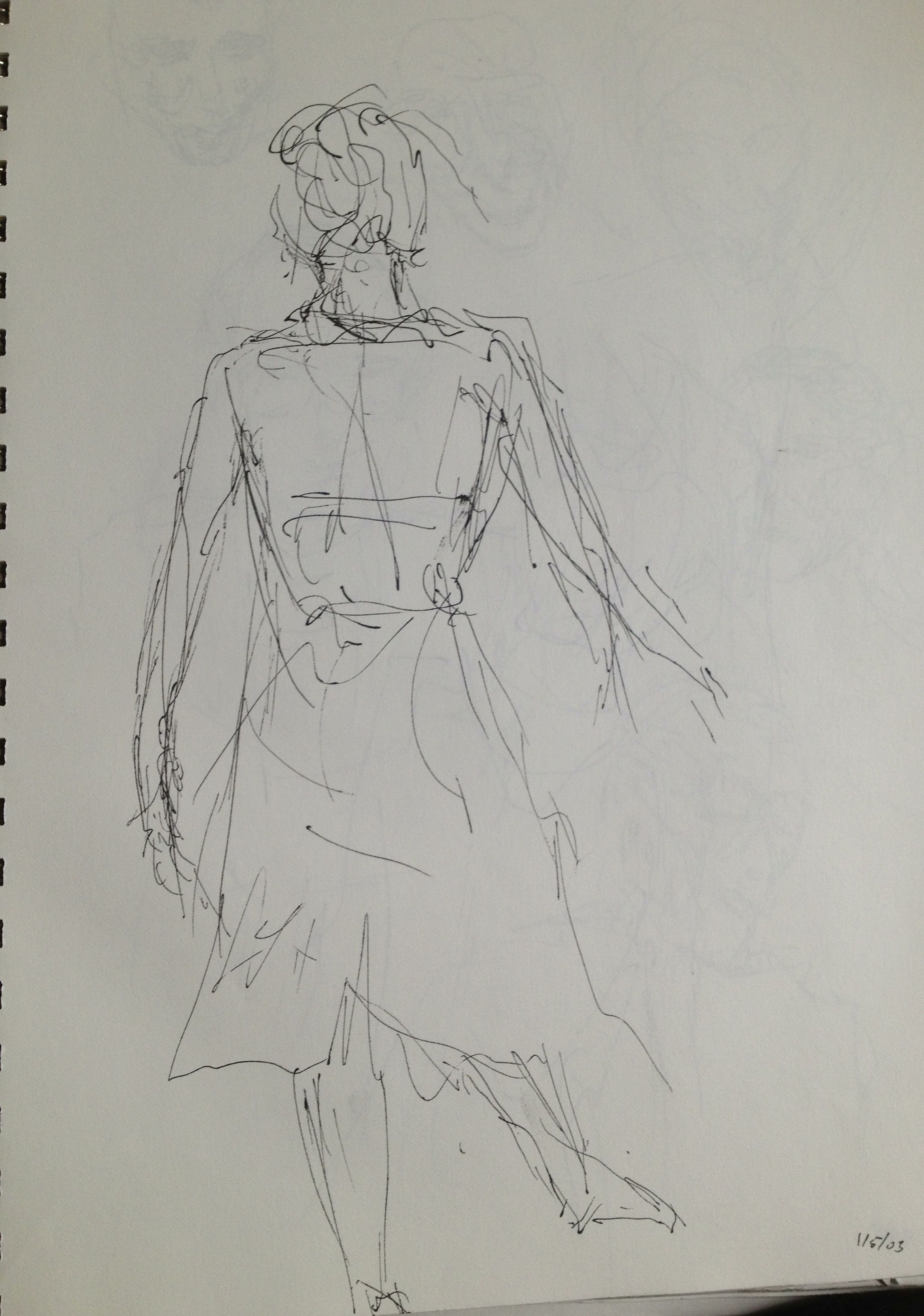 2-minute sketch of a ballet dancer. Drawn in black ink.