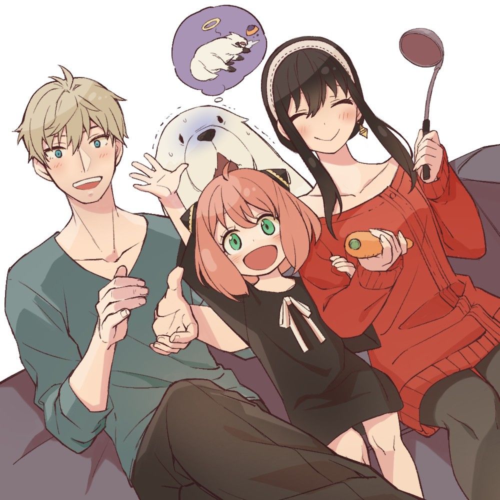 three anime characters sitting on a couch together