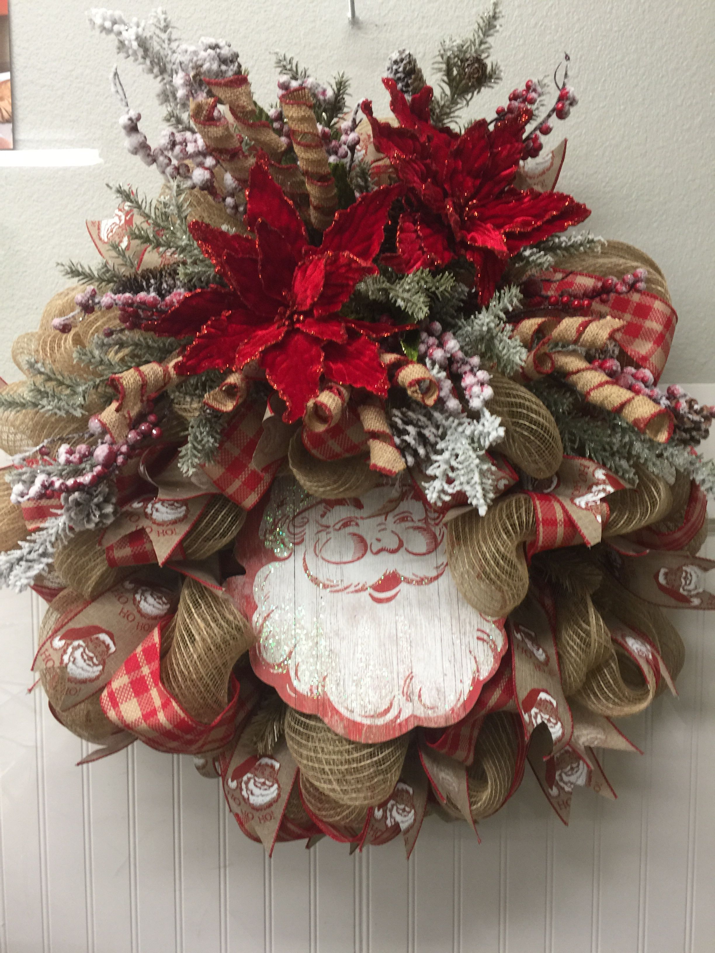 10217-87 deco mesh Santa wreath. Faux burlap deco mesh, plaid red ...