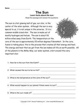 Sun Comprehension | Reading comprehension worksheets, Reading ...