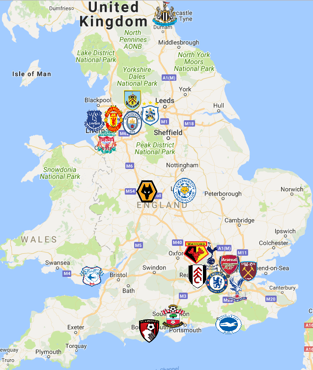 2018 Premier League Map Premier league logo, Premier league teams