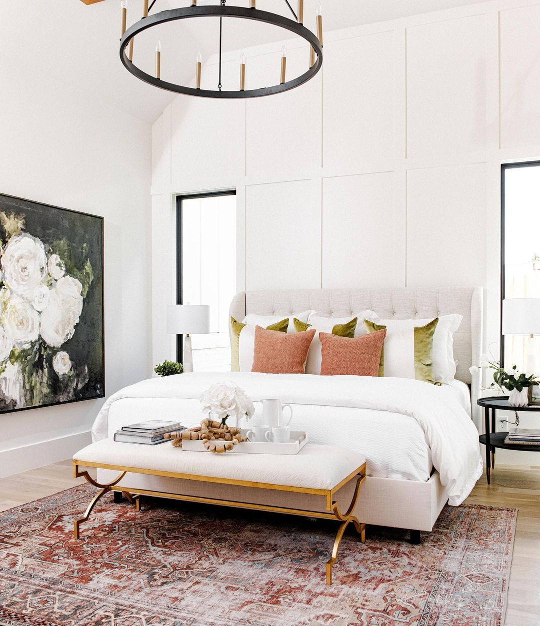 Light and airy vaulted master bedroom. Love the paneling and gorgeous ...