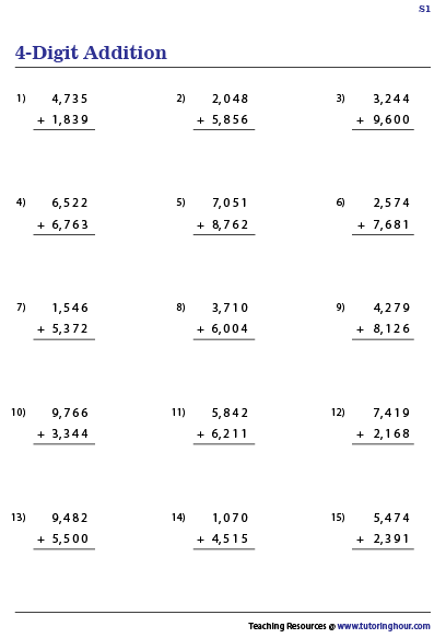 Adding Four Digit Numbers Math Practice Worksheets, Math Addition ...