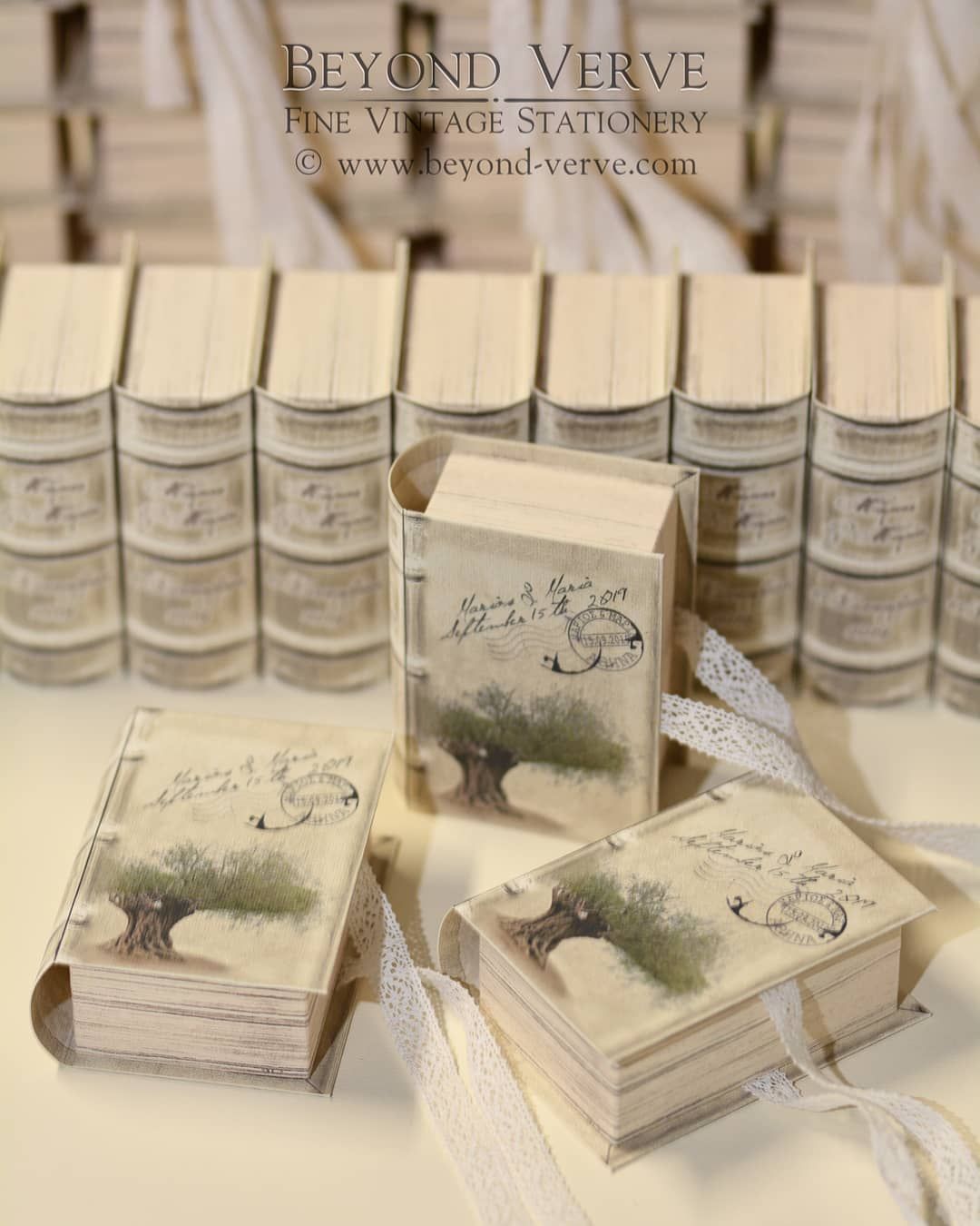 Personalized wedding book favor boxes like old styled books in olive ...