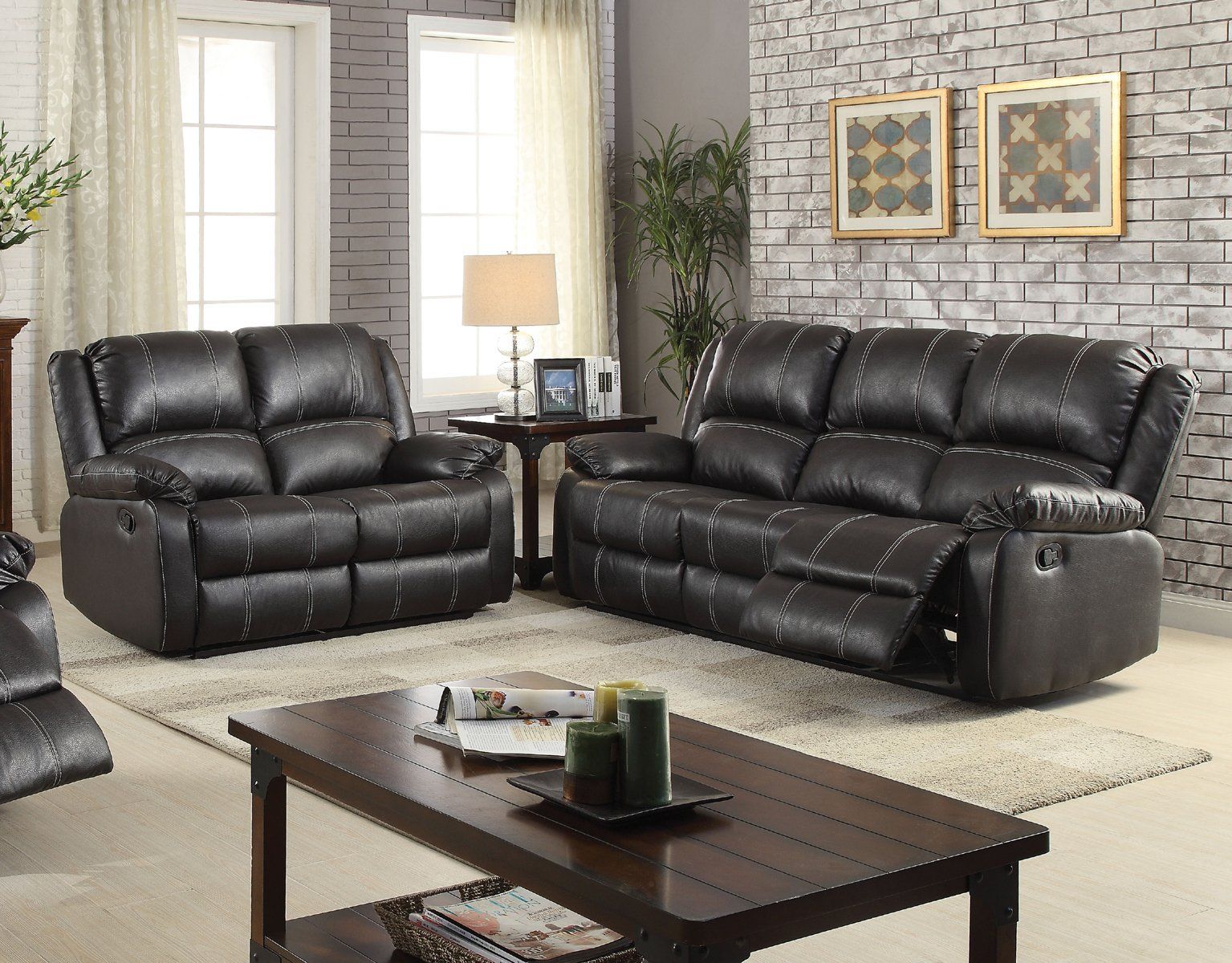 Acme Zuriel Black Finish PU Leather Reclining Sofa Set Leather