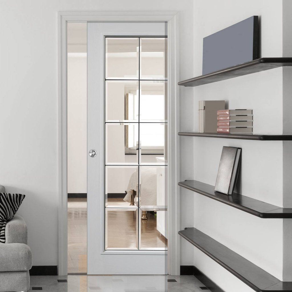 Single Pocket Decima White sliding door system in three size widths