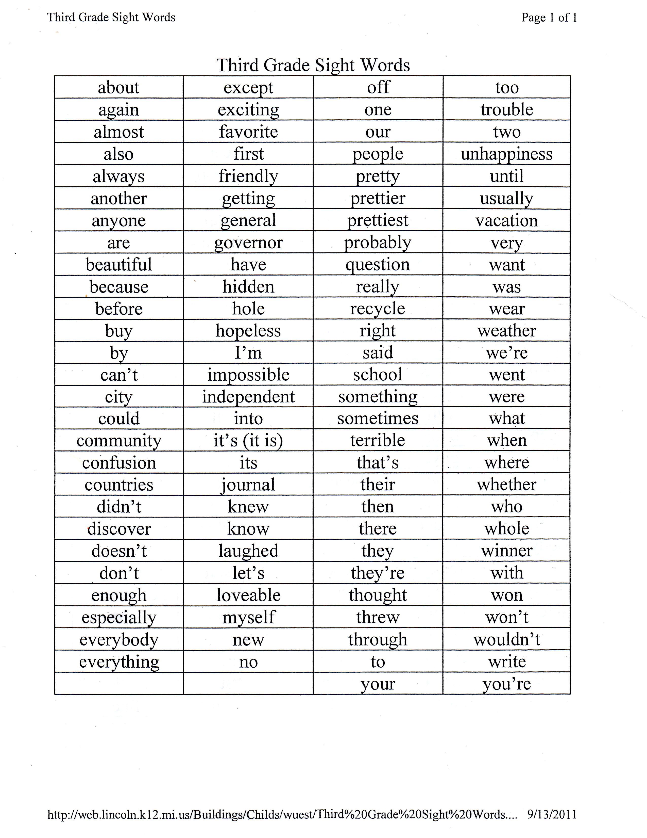 Third Grade Vocabulary Word List