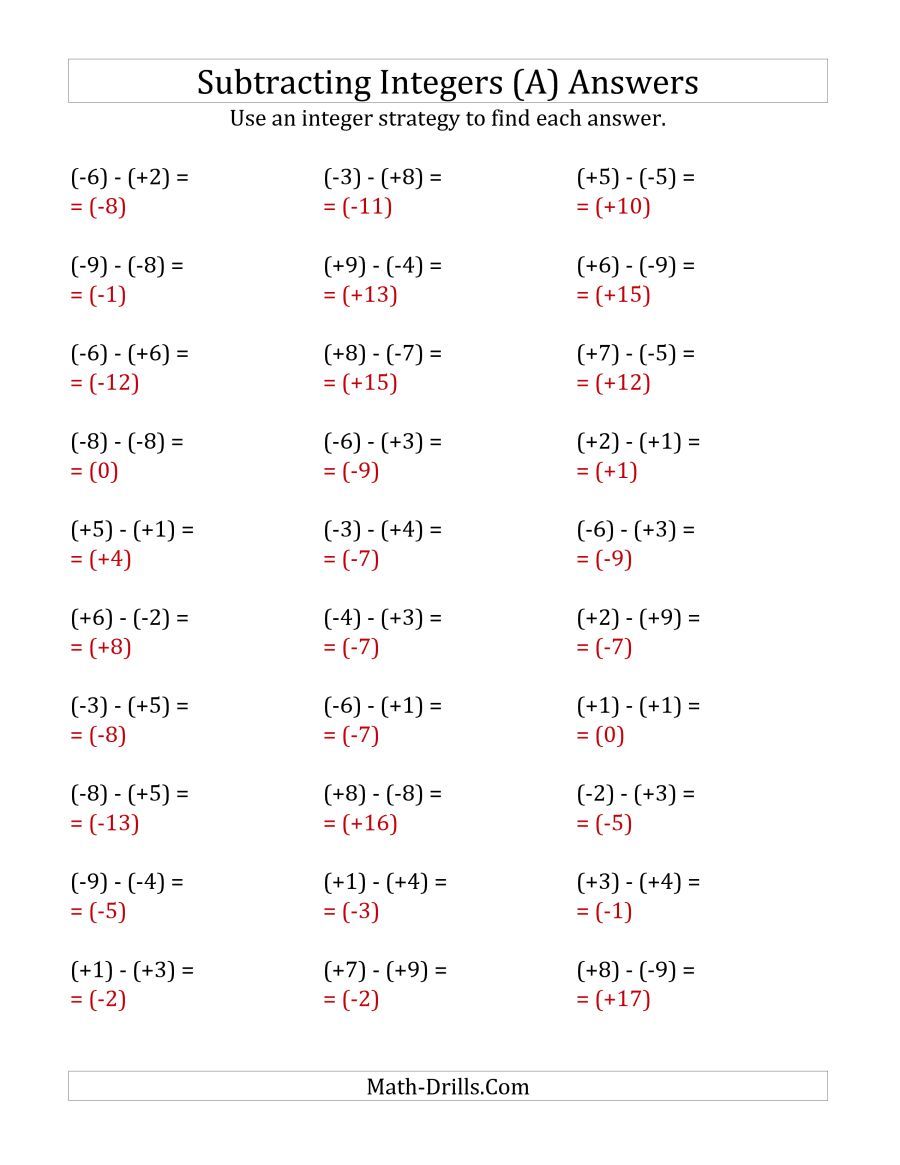 Integers Adding And Subtracting Worksheet