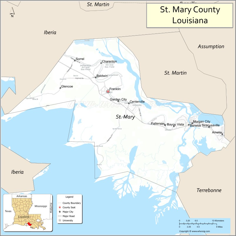 Map of St Mary Parish, Louisiana showing cities, highways & important ...