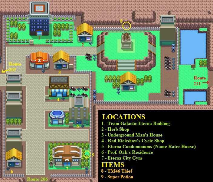 Eterna City map, Sinnoh region