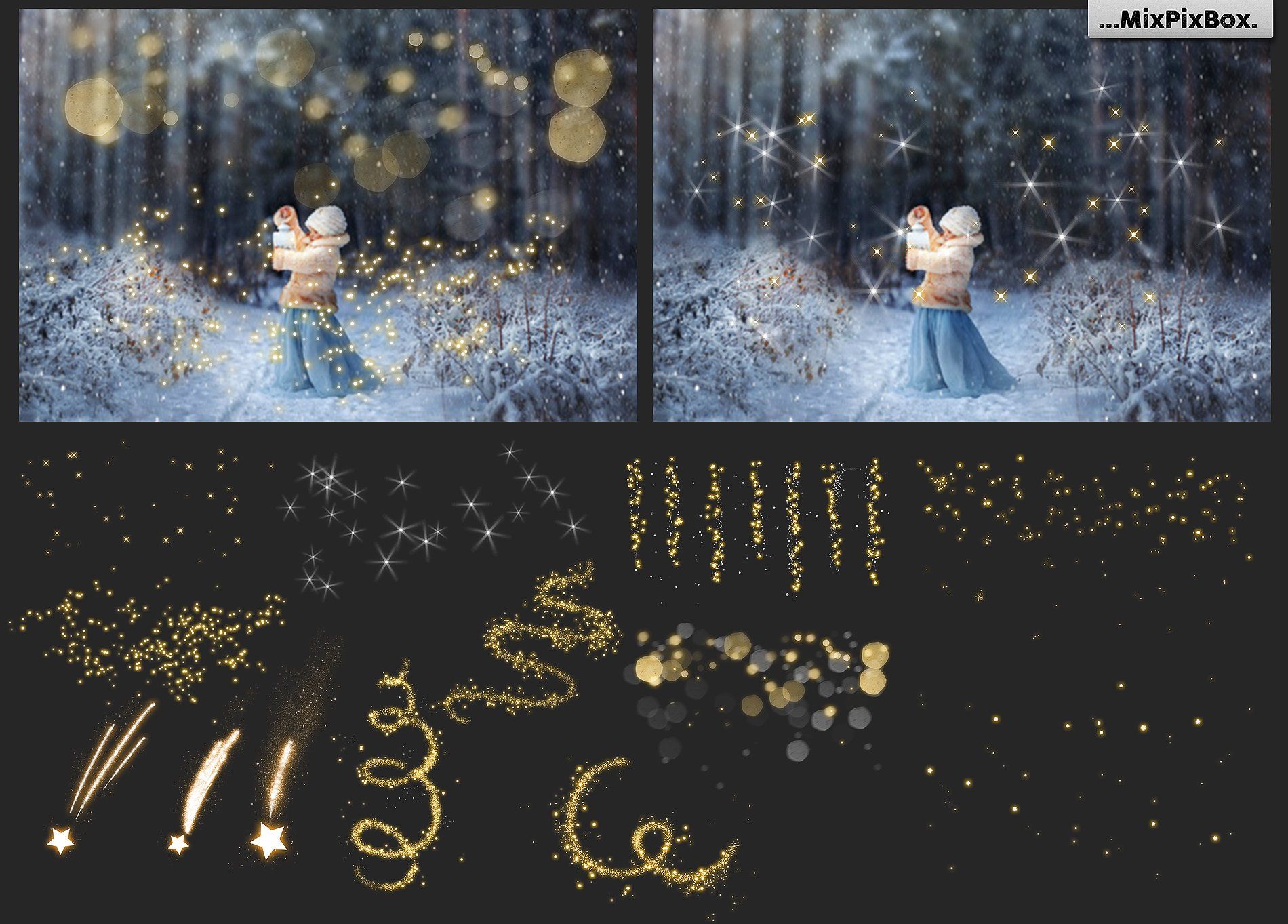 two photos with sparkles and stars in the background