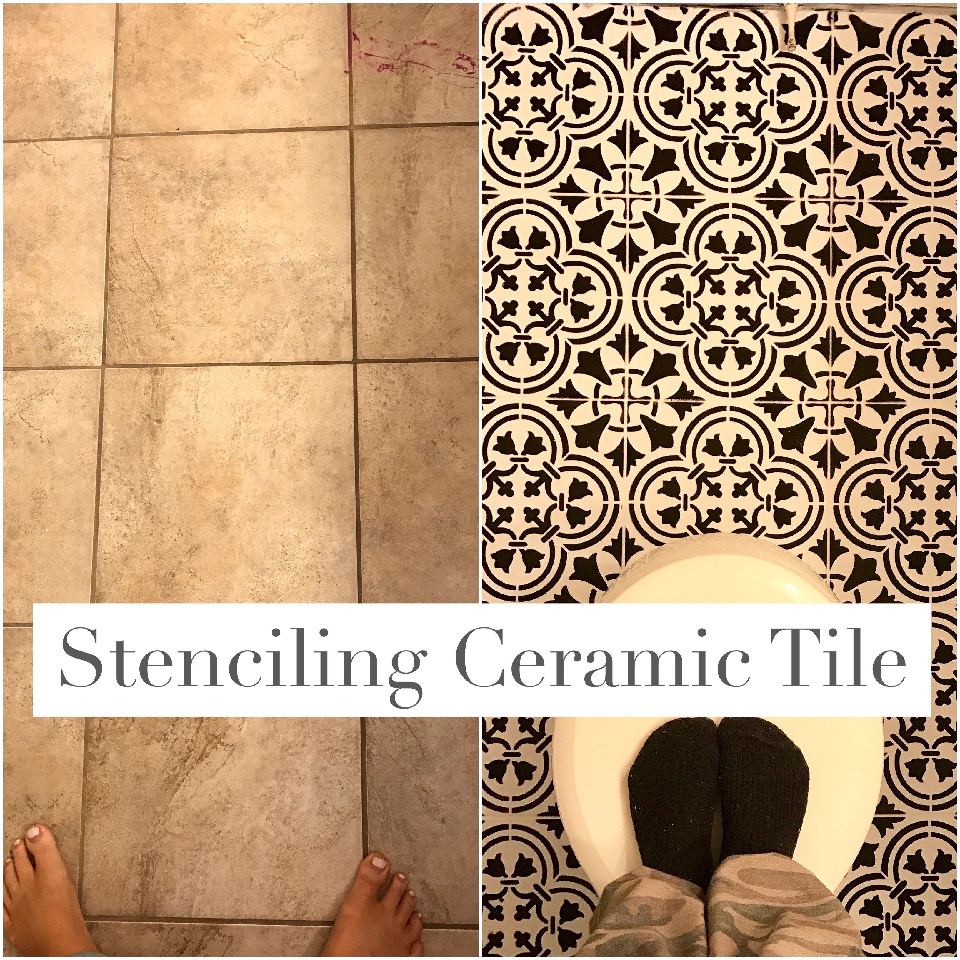 Paint ceramic tile with stencil and chalk paint. How to update bathroom floor on a budget. Black