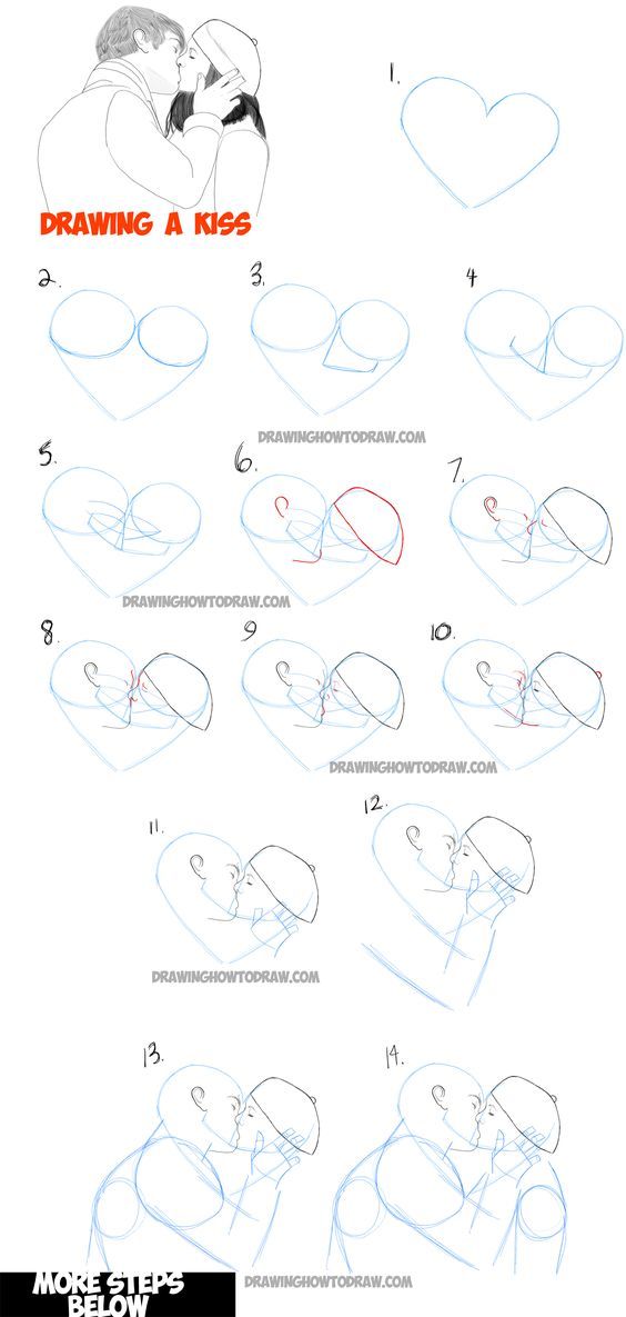 how to draw a kissing couple in the shape of hearts