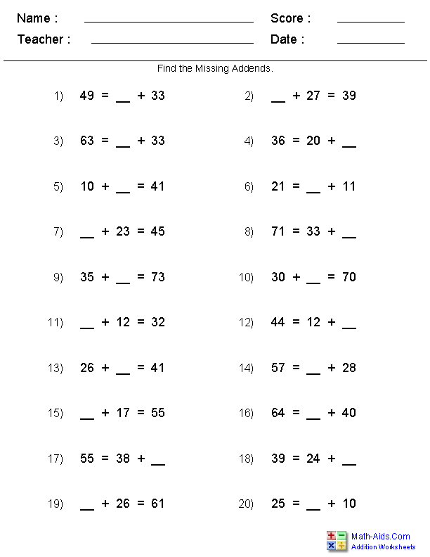 Missing Addend Different Formats | Addition worksheets, Missing addend ...