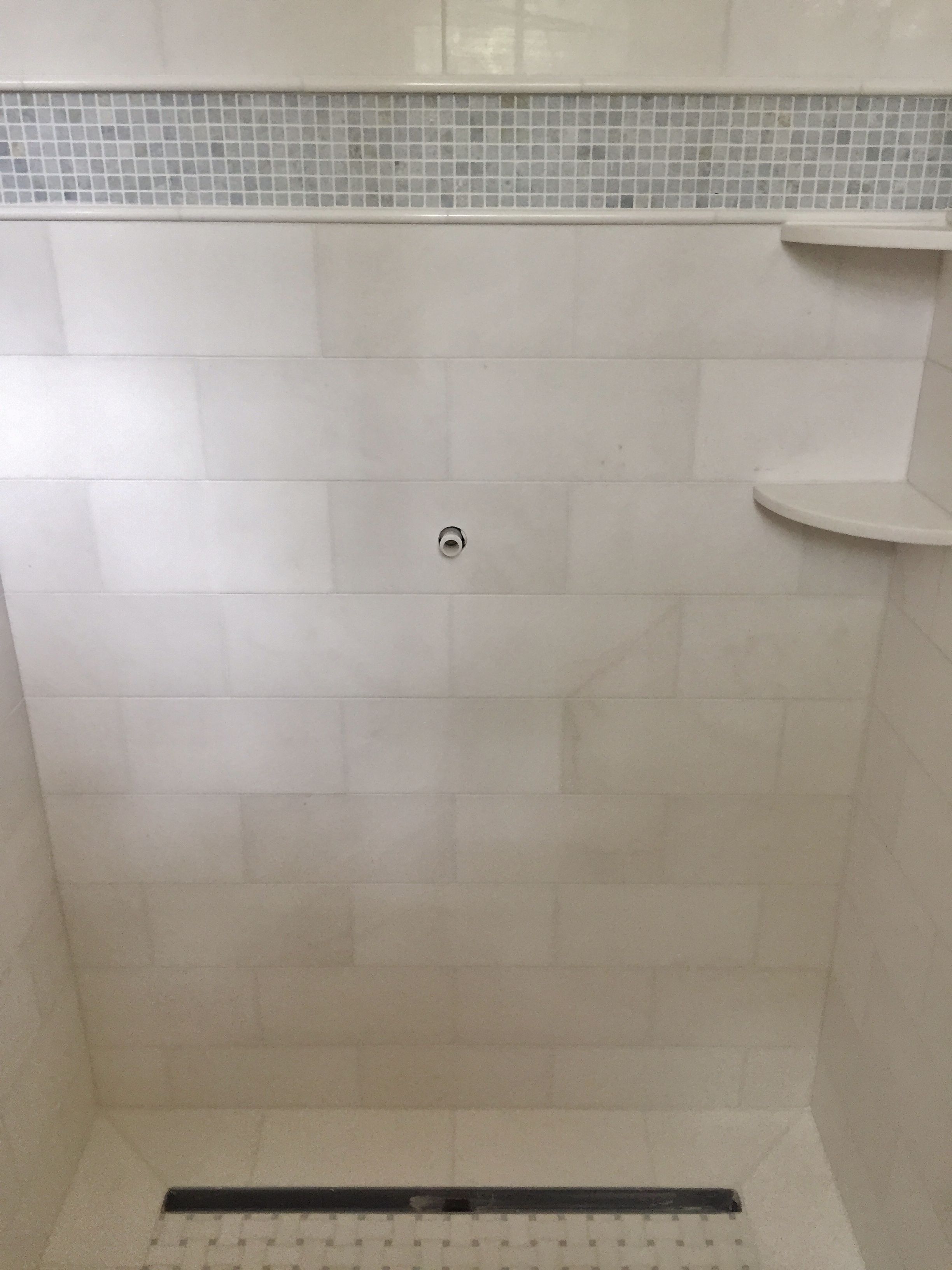 Master Shower 6x12 Thassos Marble With Azul Mosaic Accent And