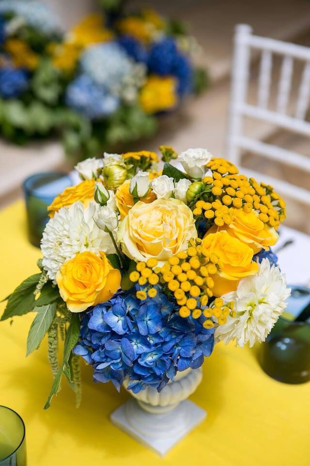 Blue & Yellow center piece! Table decorations, Floral arrangements