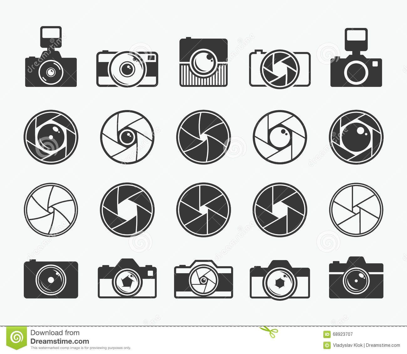 the camera icon set is shown in black and white, with different types ...