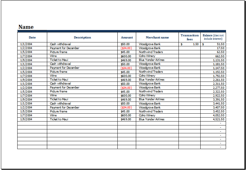 Printable Credit Card Log Template