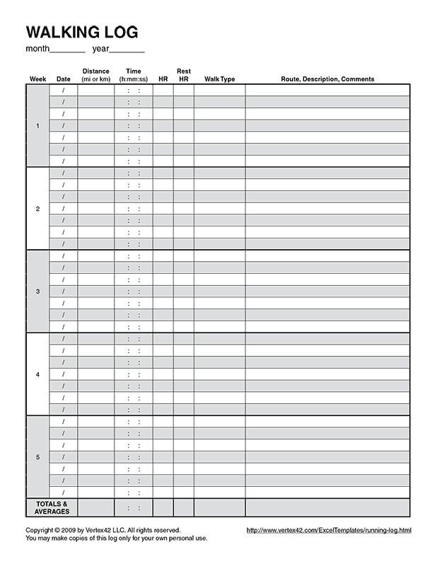 Free printable Walking Log (PDF) from Vertex42.com | Workout plan ...