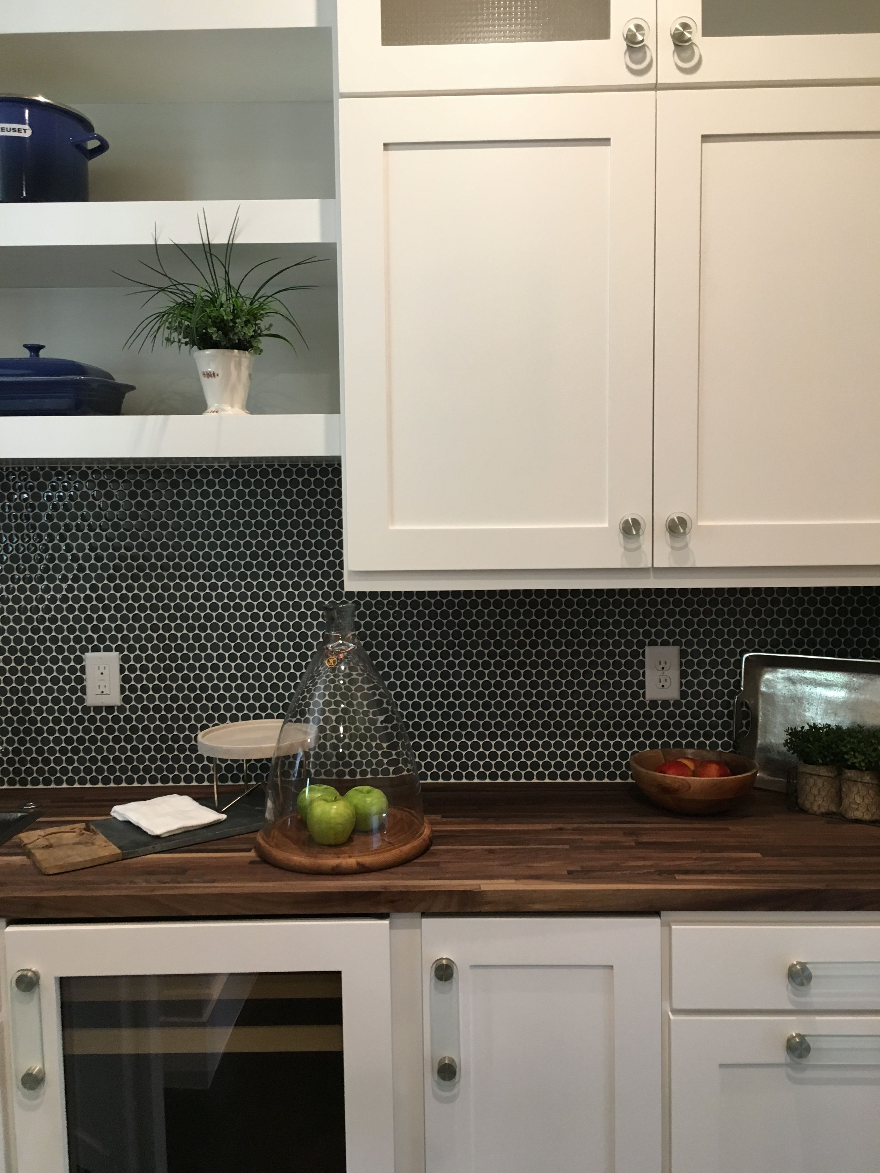 Butcher block and blue tiled backsplash Kitchen Kitchen, Home