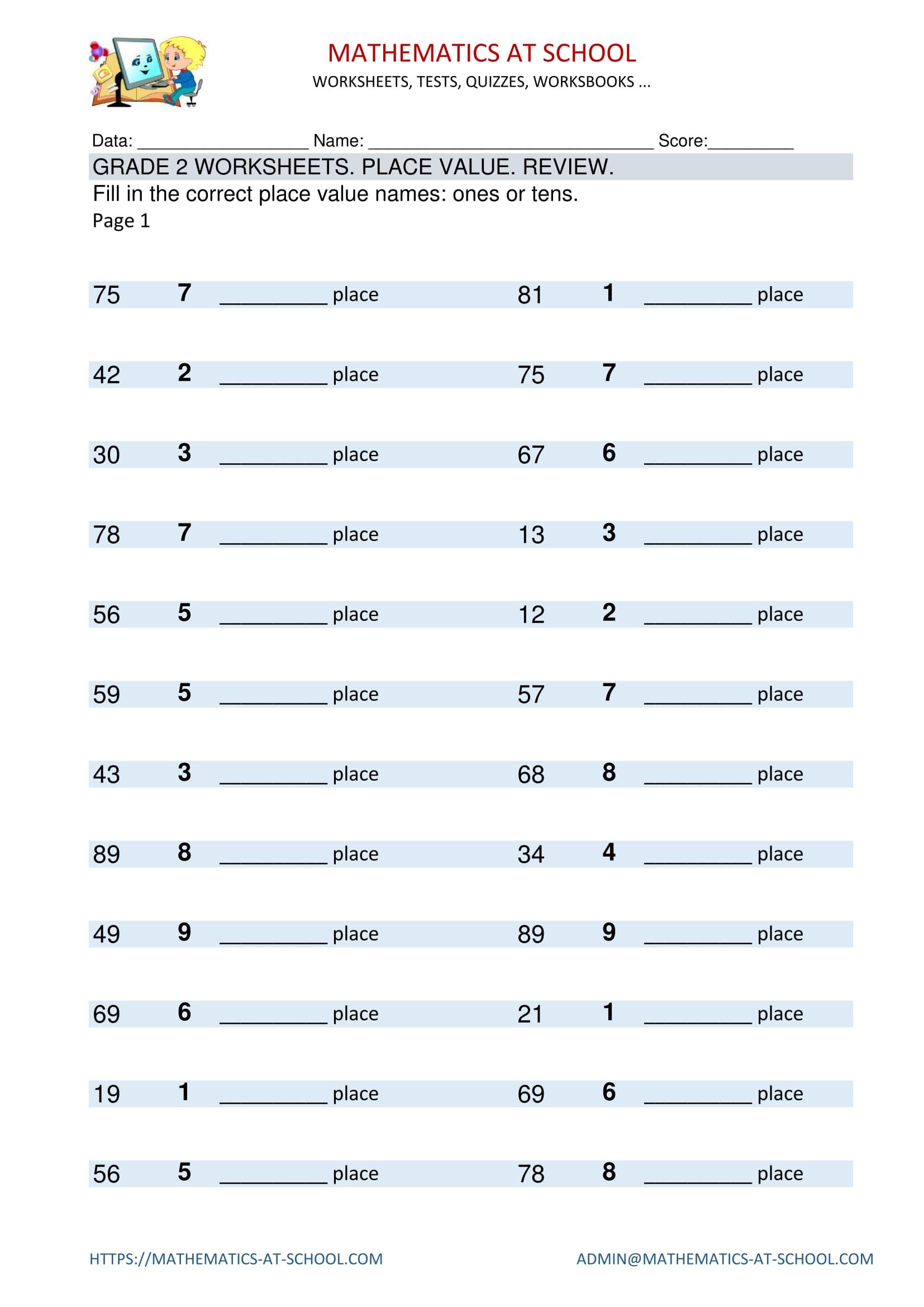 GRADE 2 WORKSHEETS: Place value names. Review Place value of digits ...