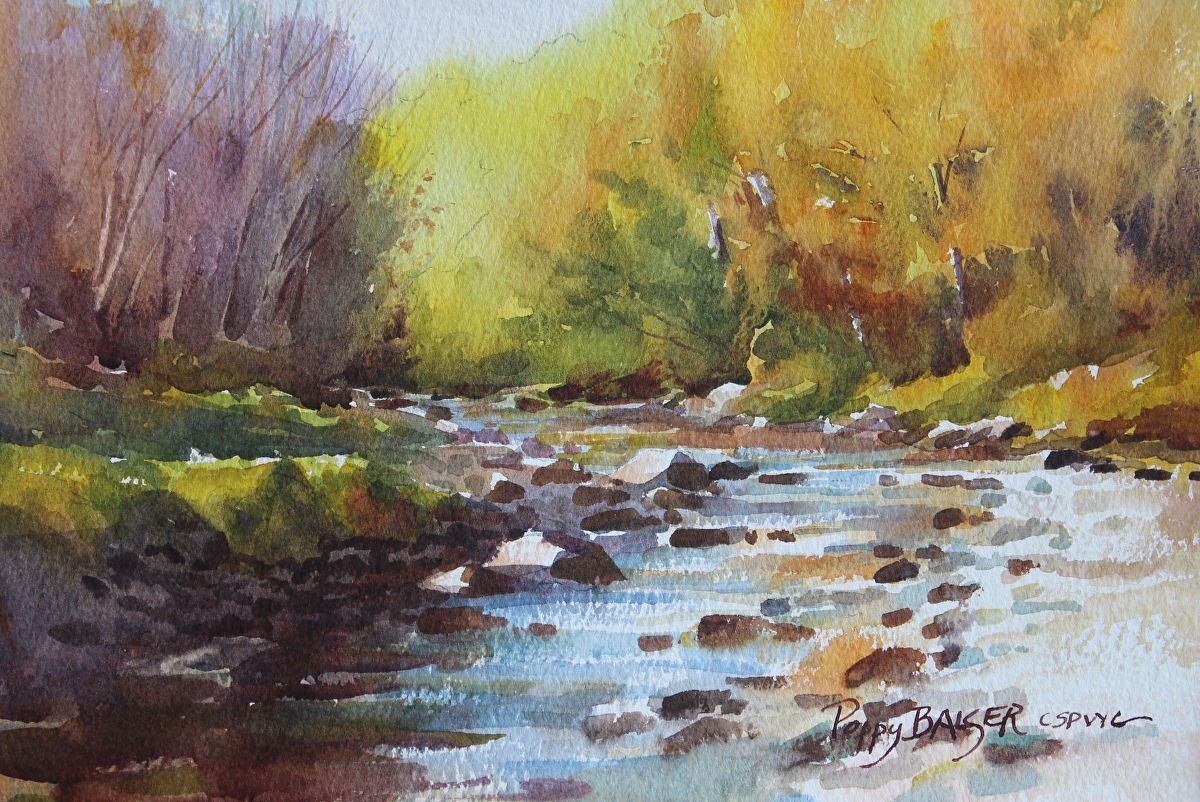 Golden Sunshine at the Brook | Landscape paintings, Watercolor water ...