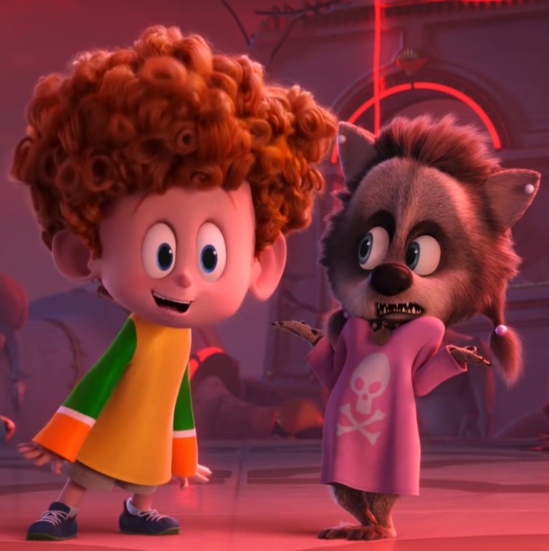 an animated character with red hair standing next to another character ...