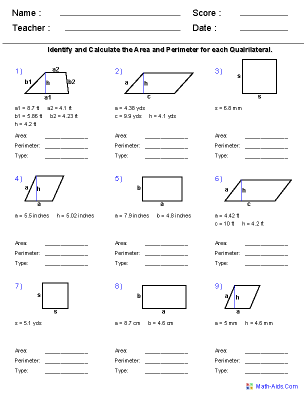 Geometry Worksheets | Area and Perimeter Worksheets | Area and ...