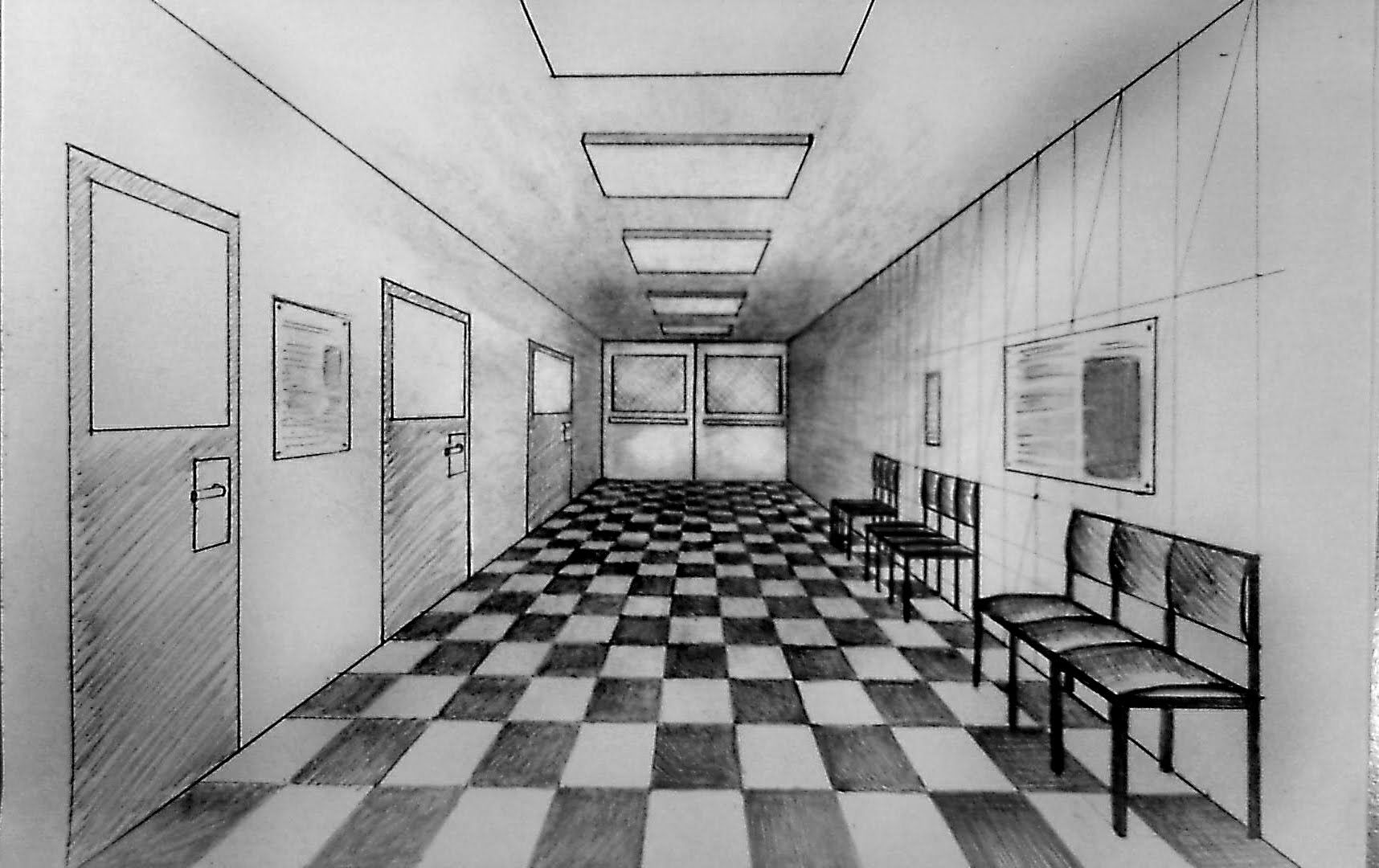 How to draw One point perspective, corridor of hospital, waiting hall