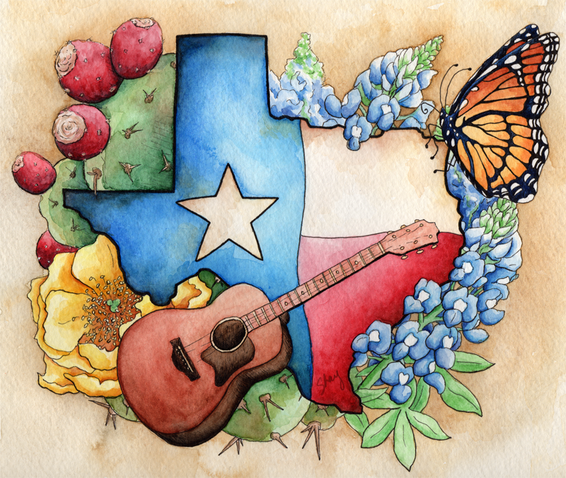 a watercolor painting of a guitar, flowers and a texas state flag with ...