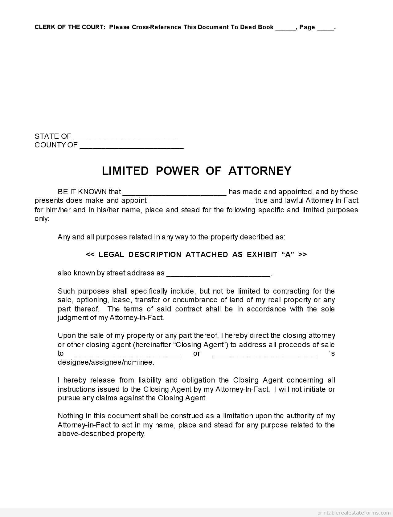 Sample Printable limited power of attorney Form | Power of attorney