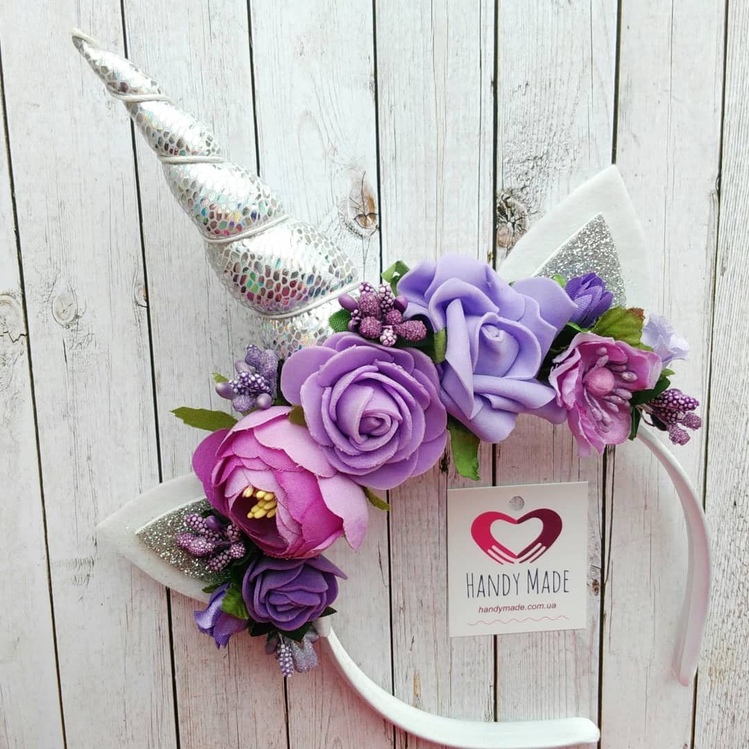 Unicorn headband silver horn with purple flowers. Unicorn gift for girl ...