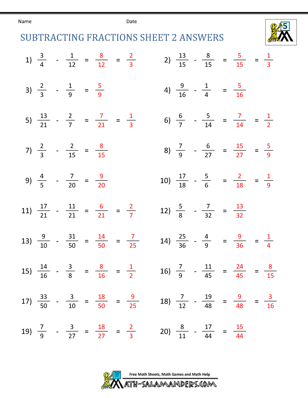 the subtracting fraction worksheet is shown with two numbers and one number