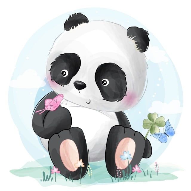 Download Cute Little Panda Playing With Butterfly, Watercolor ...