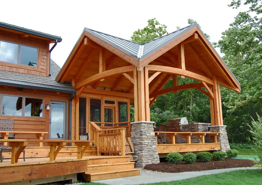 Great timberframe patio; three season screened porch behind Timber ...