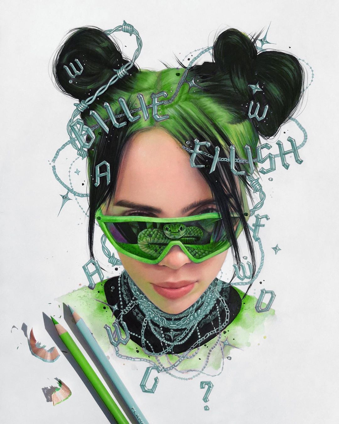 Billie Eilish Drawing Green Hair