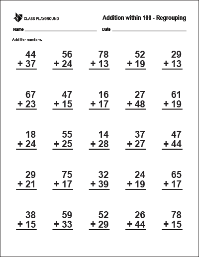 Adding With Carrying Worksheet