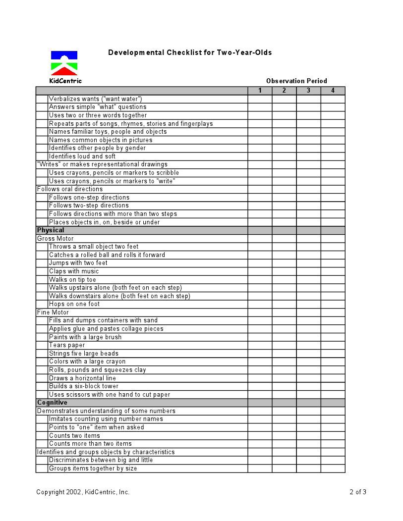 Printable Gross Motor Skills Checklist